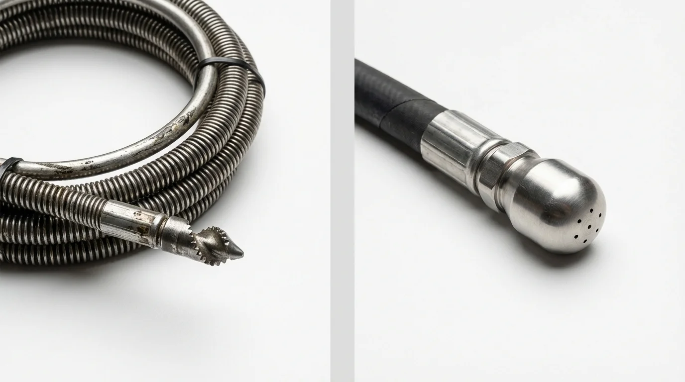 Drain snake cable and hydro jetting nozzle used for drain cleaning in Jackson, WI