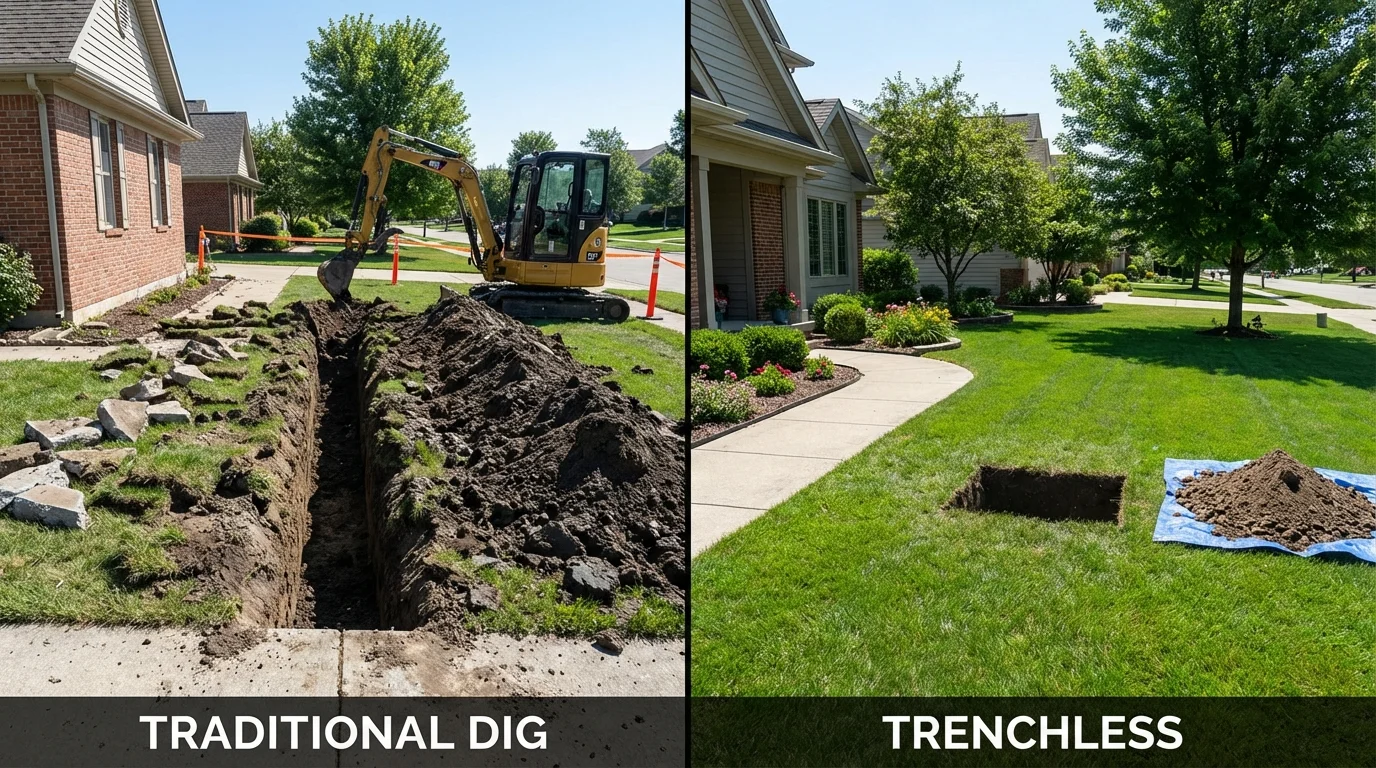 Trenchless sewer repair with minimal yard damage versus traditional excavation in Jackson, WI