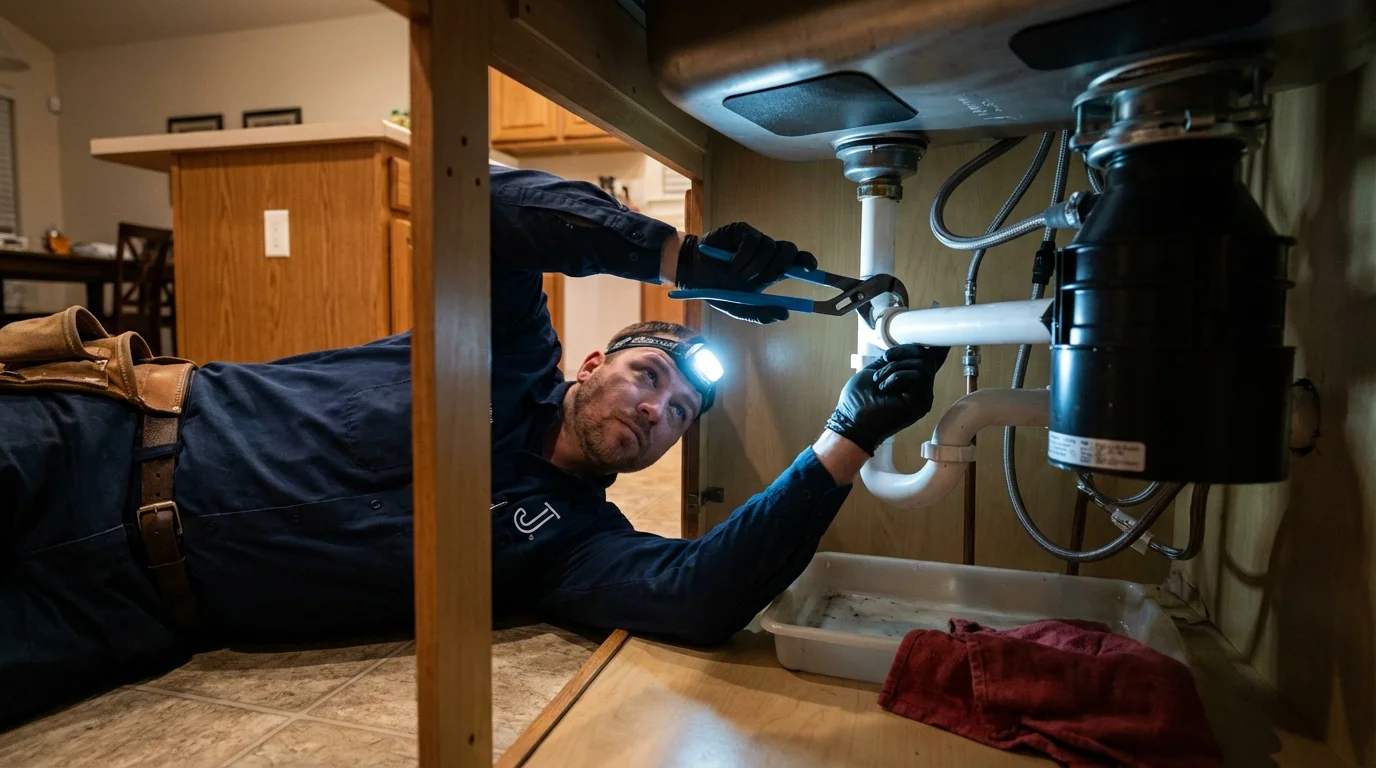 P-trap and supply line connections under a kitchen sink showing a common leak point in Jackson, WI